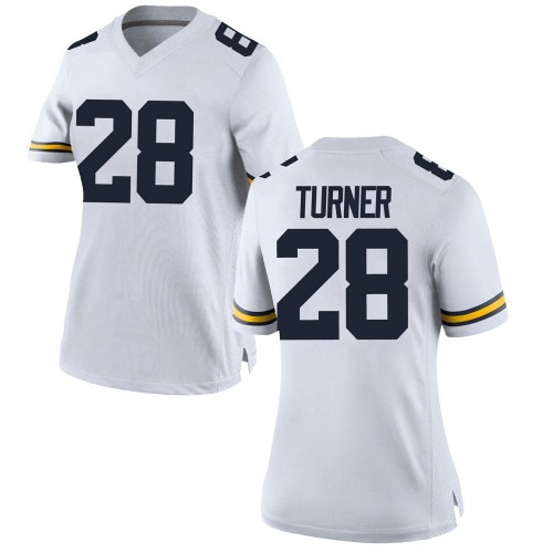 Christian Turner Michigan Wolverines Women's NCAA #28 White Game Brand Jordan College Stitched Football Jersey KTJ3454CD